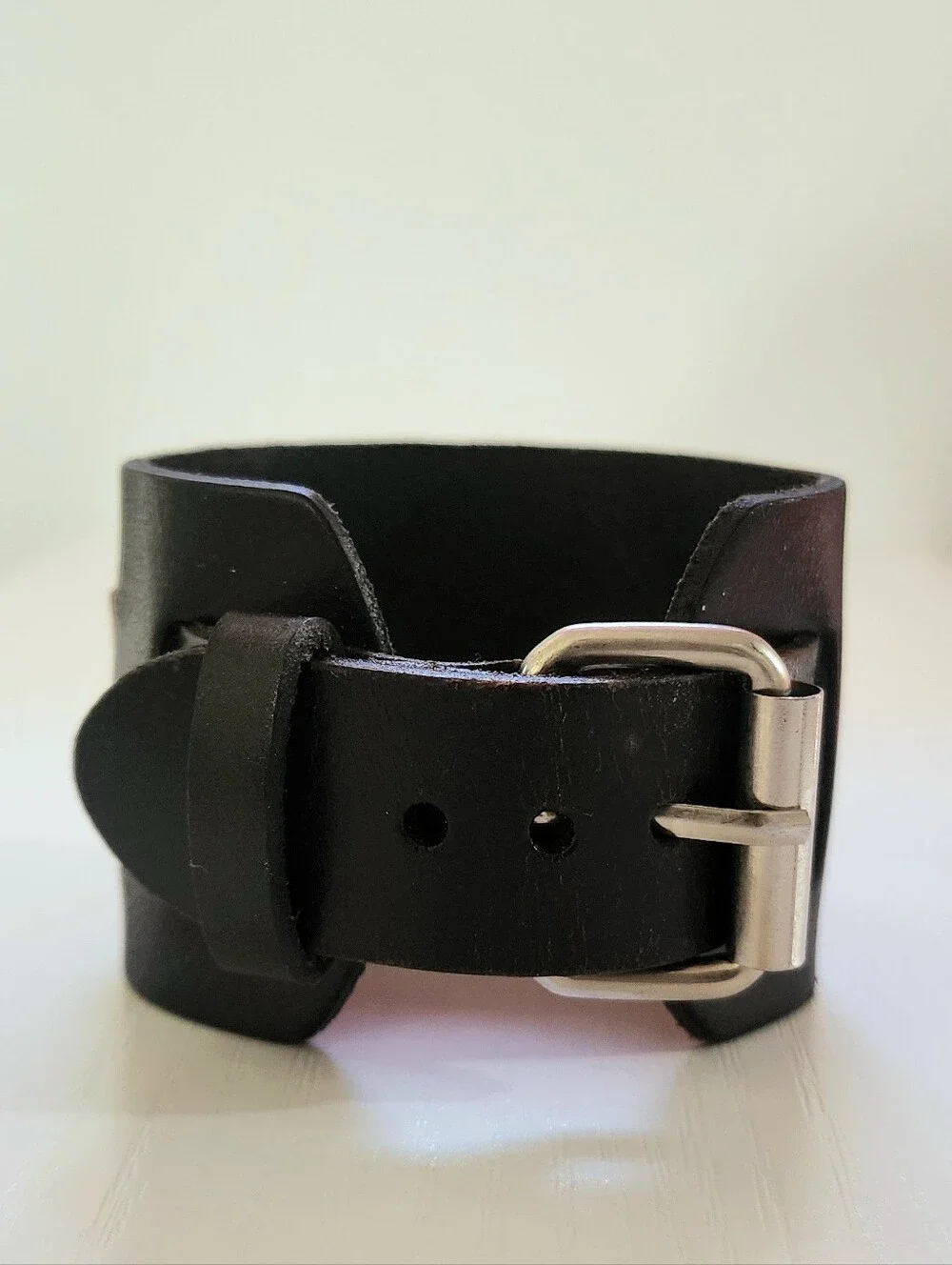 Men's & Women's Black Genuine Leather Cuff Bracelet - Minimalist Style, Black
